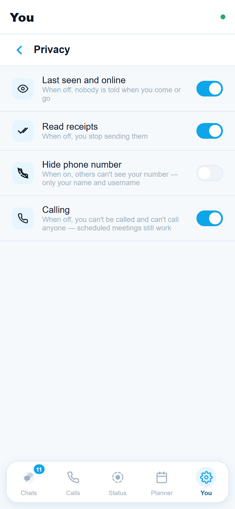 TalkEx privacy settings